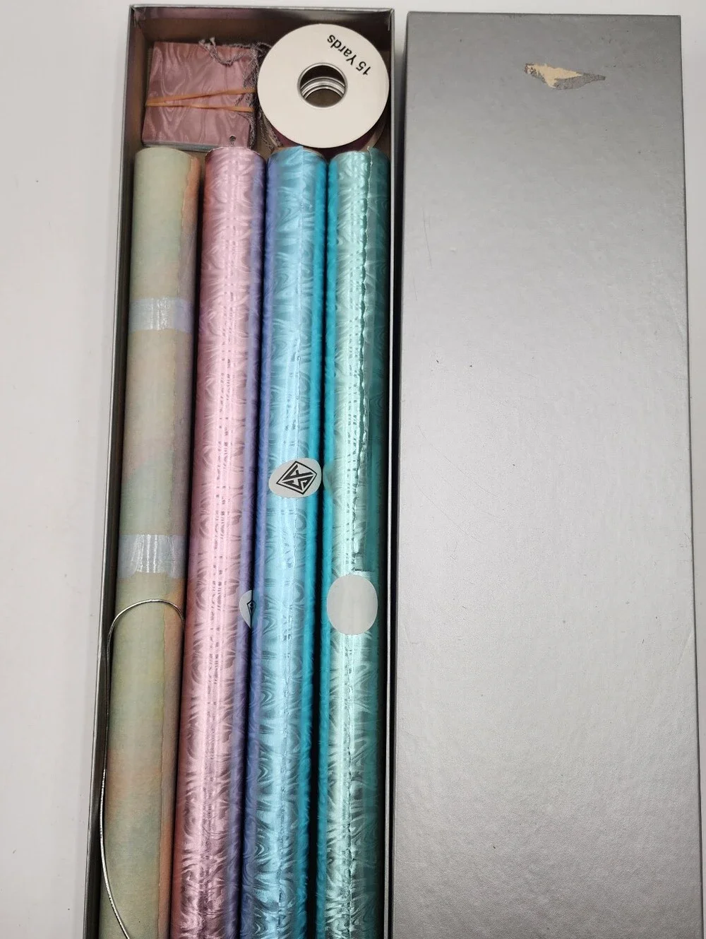 Vintage BOX SALLY FOSTER NEW Metallic Gift Wrap Rolls CARDS RIBBON SET